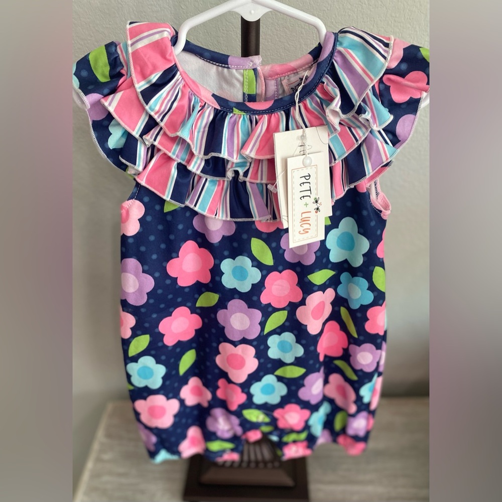 Pete & Lucy Navy Ruffle Stripe Bodysuit Outfit Pink Purple Blue Flowers 12-18 M
